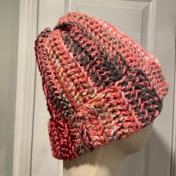 Handmade Crochet Chunky Ribbed Upcycled Multi Fiber Scrappy Yarn Beanie Hat - Picture 1 of 6